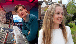 two images; a person with short hair and glasses sitting at a mixing desk, and a person with long blonde hair wearing a white top smiling