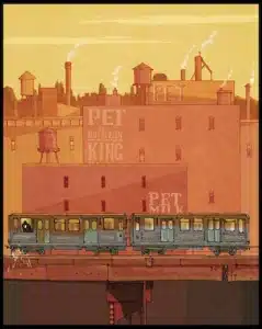 Cityscape at sunset with a moving train on a raised track. Industrial buildings and smokestacks in the background, creating a warm, nostalgic feel.